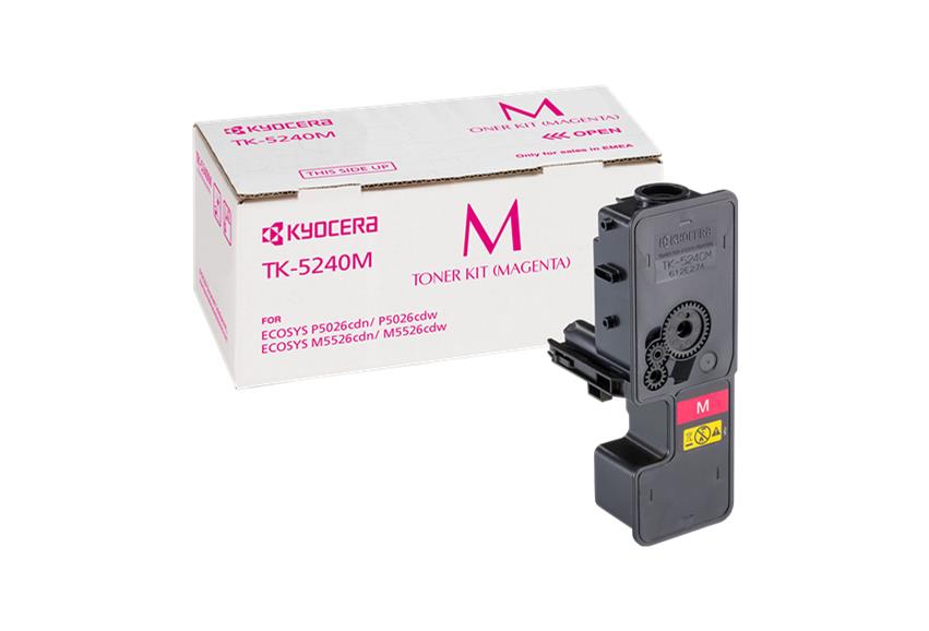 Cartucho de toner Kyocera TK-5240M magenta junto à sua caixa branca com texto rosa