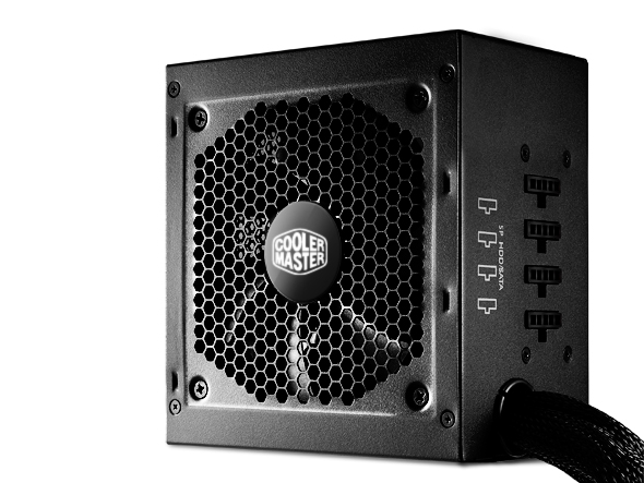 Fonte de alimentação Cooler Master em metal cinzento escuro com ventilador e conexões modulares