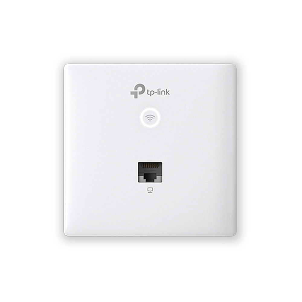 Tomada de rede TP-Link branca com símbolo Wi-Fi e porta RJ45