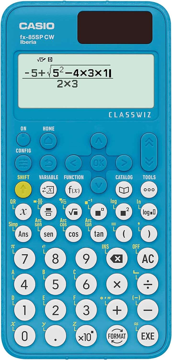Calculadora científica azul CASIO com ecrã digital e teclas brancas.