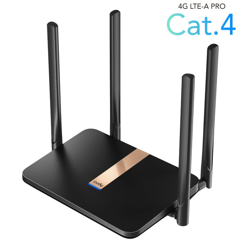 Roteador Wi-Fi preto com quatro antenas e faixa dourada