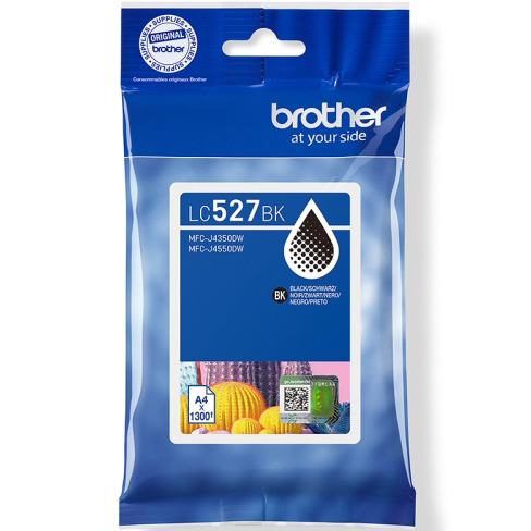 Embalagem azul de tinteiro preto Brother LC527BK com selo original e indicação de páginas