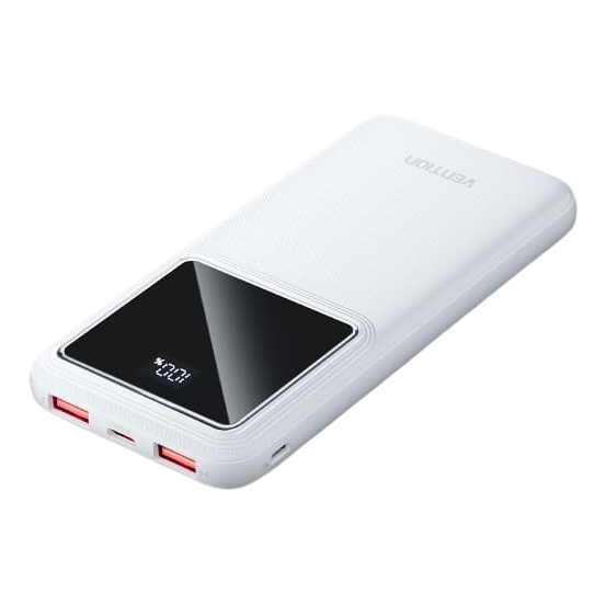 Carregador portátil branco com ecrã digital e múltiplas portas USB