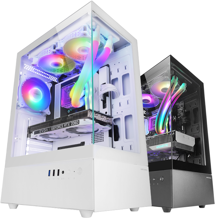 Dois computadores de secretária com caixas transparentes e iluminação RGB