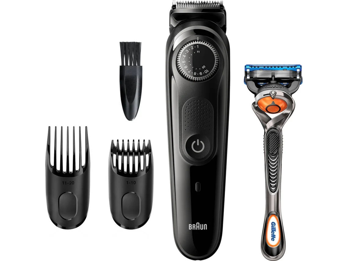 Conjunto aparador cabelo Braun preto com pentes, escova pequena e lâmina barbear Gillette azul e laranja