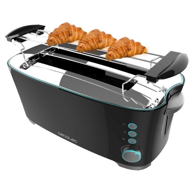 Torradeira preta Cecotec com croissants na grelha superior