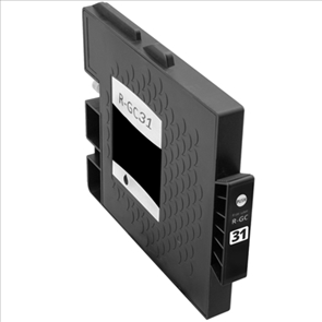 Cartucho de tinta preto R-GC31 com textura e etiquetas visíveis