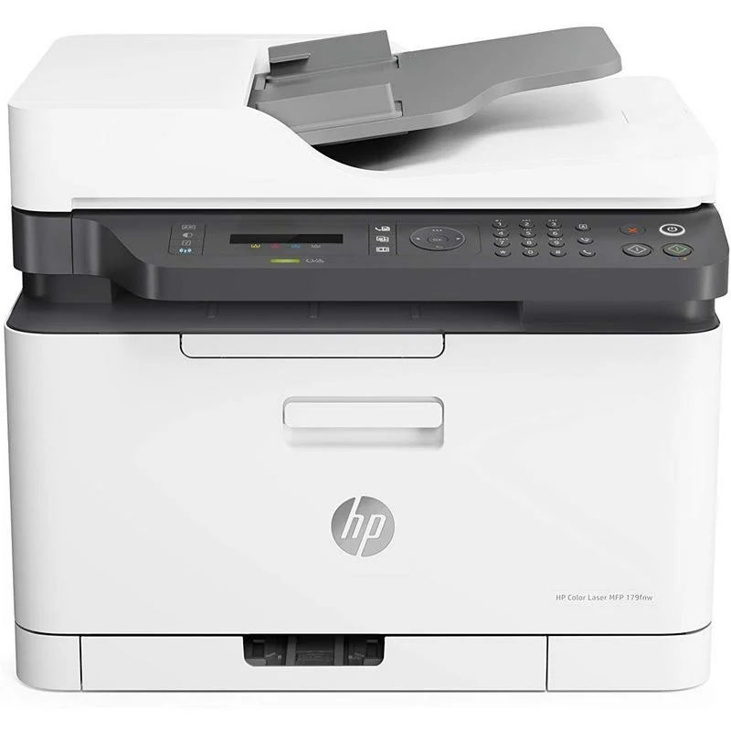 Impressora multifunções HP Color Laser MFP 179fnw branca com painel cinzento e botões