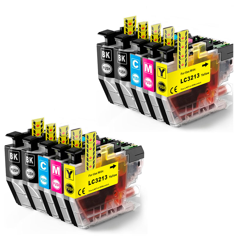Conjunto de cartuchos de tinta para impressora com cinco unidades e etiquetas amarelas.