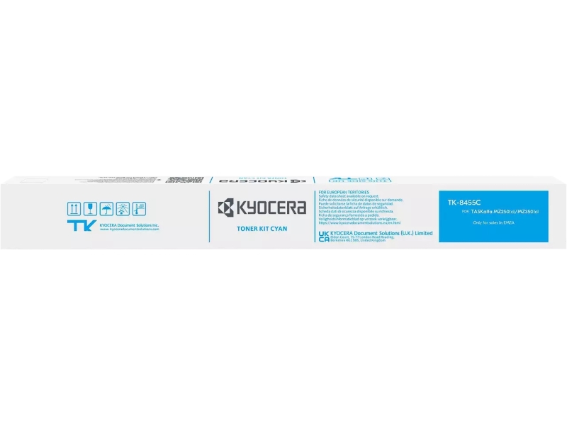 Caixa branca de toner Kyocera para impressora com rótulo azul