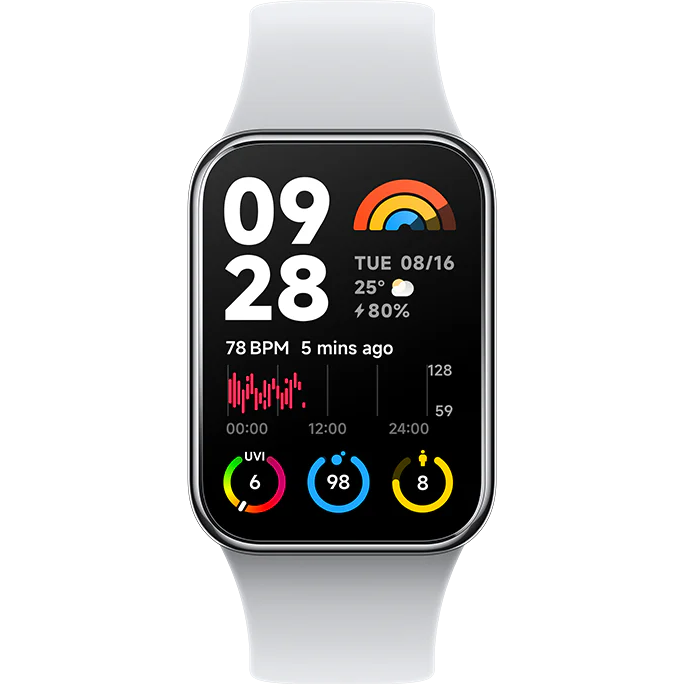 Relógio inteligente branco com ecrã digital colorido mostrando várias métricas de saúde e tempo.