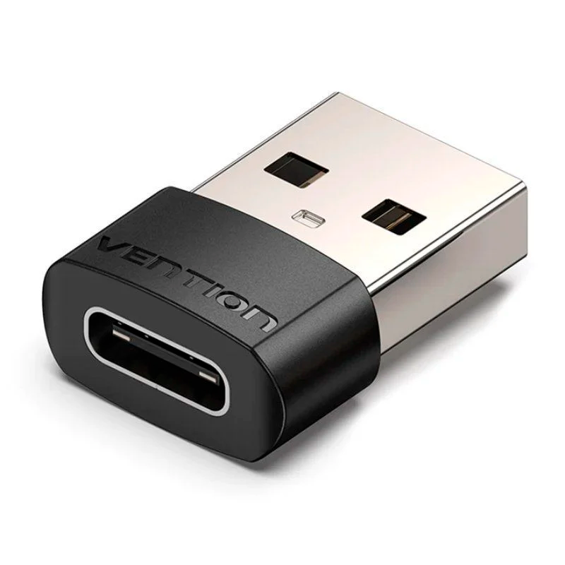 Adaptador USB tipo A para USB tipo C preto e metalizado com a marca VENTION