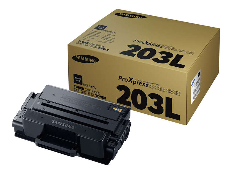 Toner preto Samsung ProXpress 203L com caixa castanha e texto preto