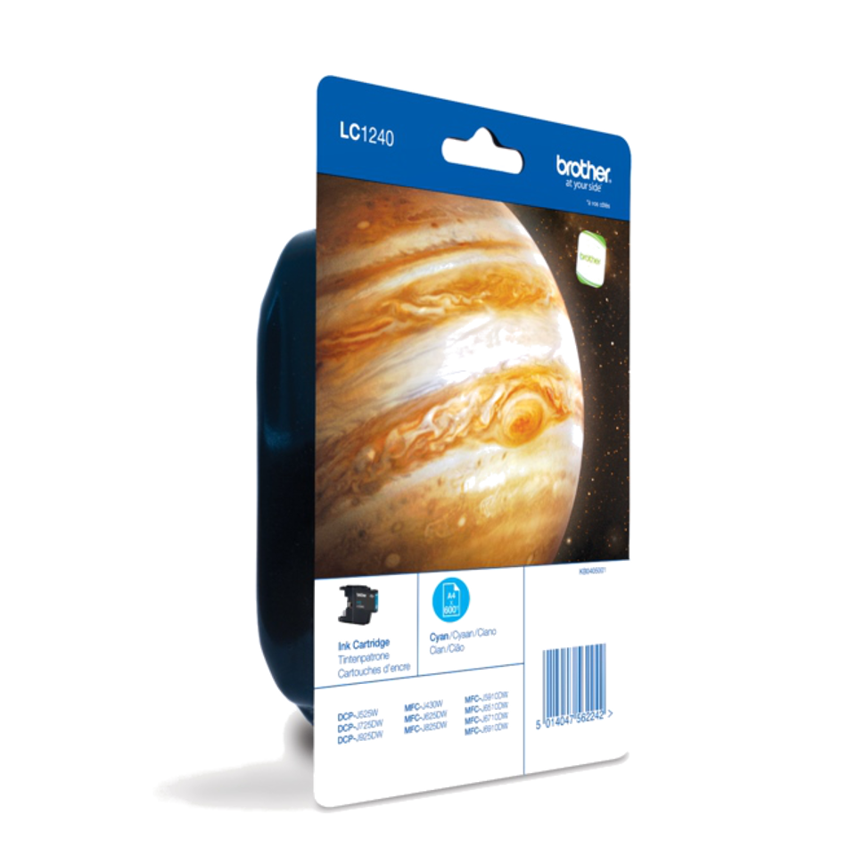 Embalagem de cartucho de tinta Brother LC1240 com imagem do planeta Júpiter