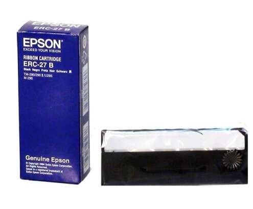 Cartucho de fita Epson ERC-27 B com embalagem azul e fita preta ao lado