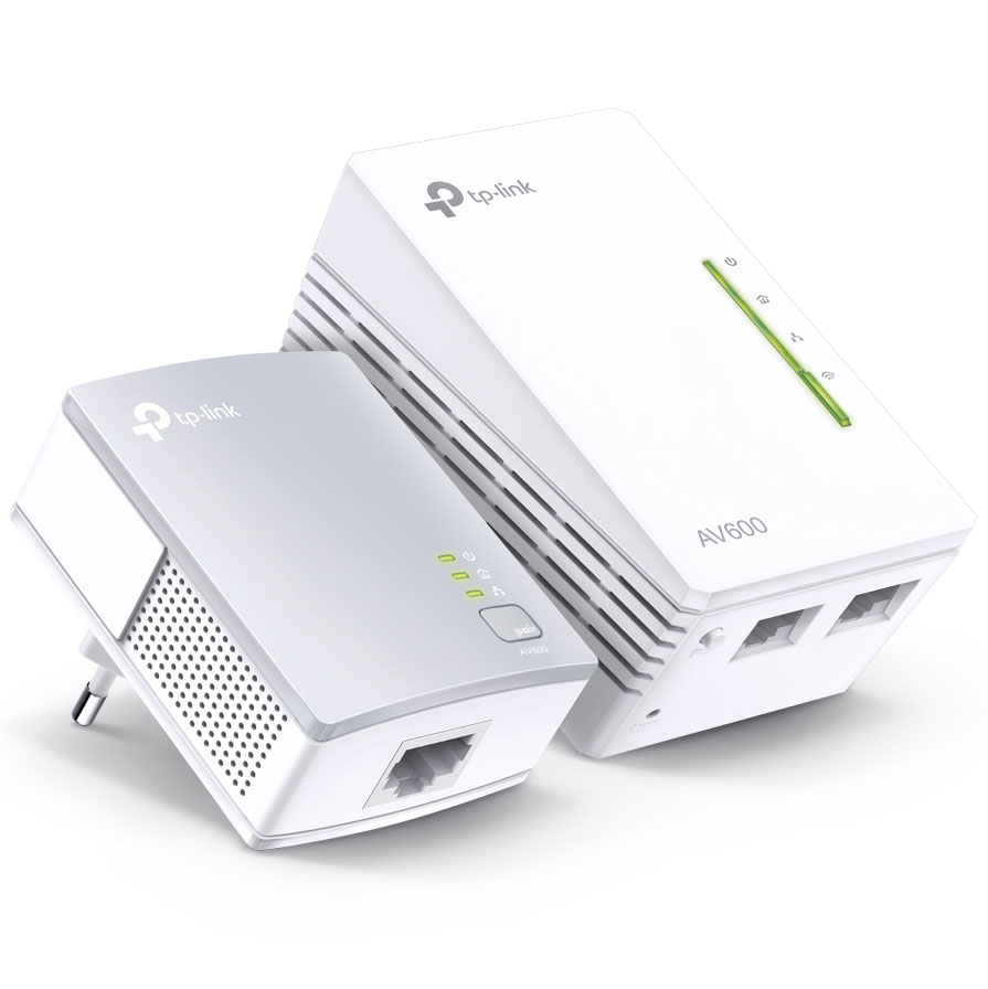 Adaptadores de rede TP-Link AV600 brancos com LEDs e portas Ethernet