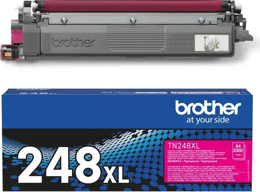 Cartucho toner Brother TN248XL magenta com caixa azul e preta