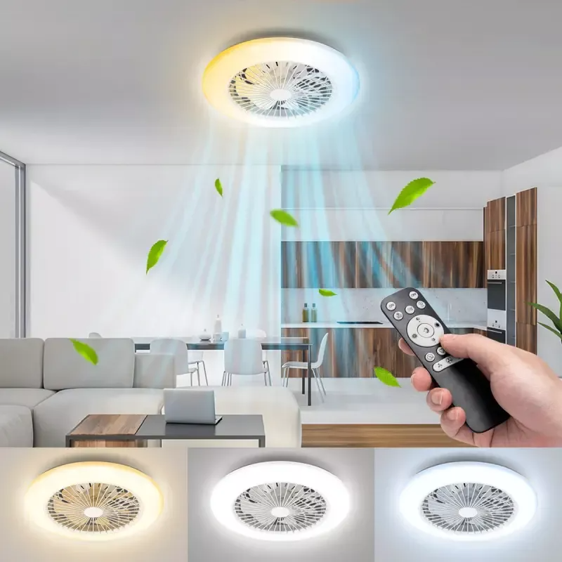 Ventoinha de tecto com luz LED e comando remoto em sala moderna