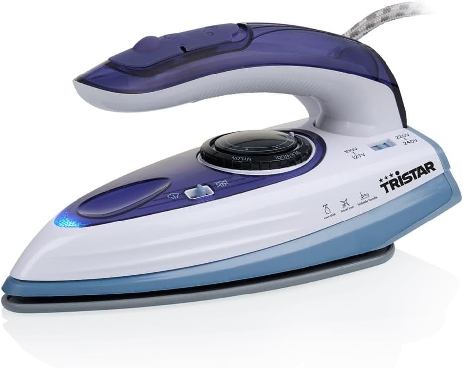 Ferro de engomar TRISTAR azul e branco com controlo de temperatura e botão de vapor