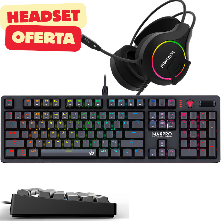 Headset preto com iluminação RGB e teclado mecânico MAXPRO colorido