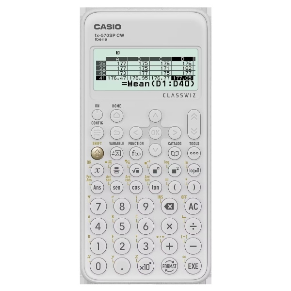 Calculadora científica Casio branca com ecrã a mostrar função média