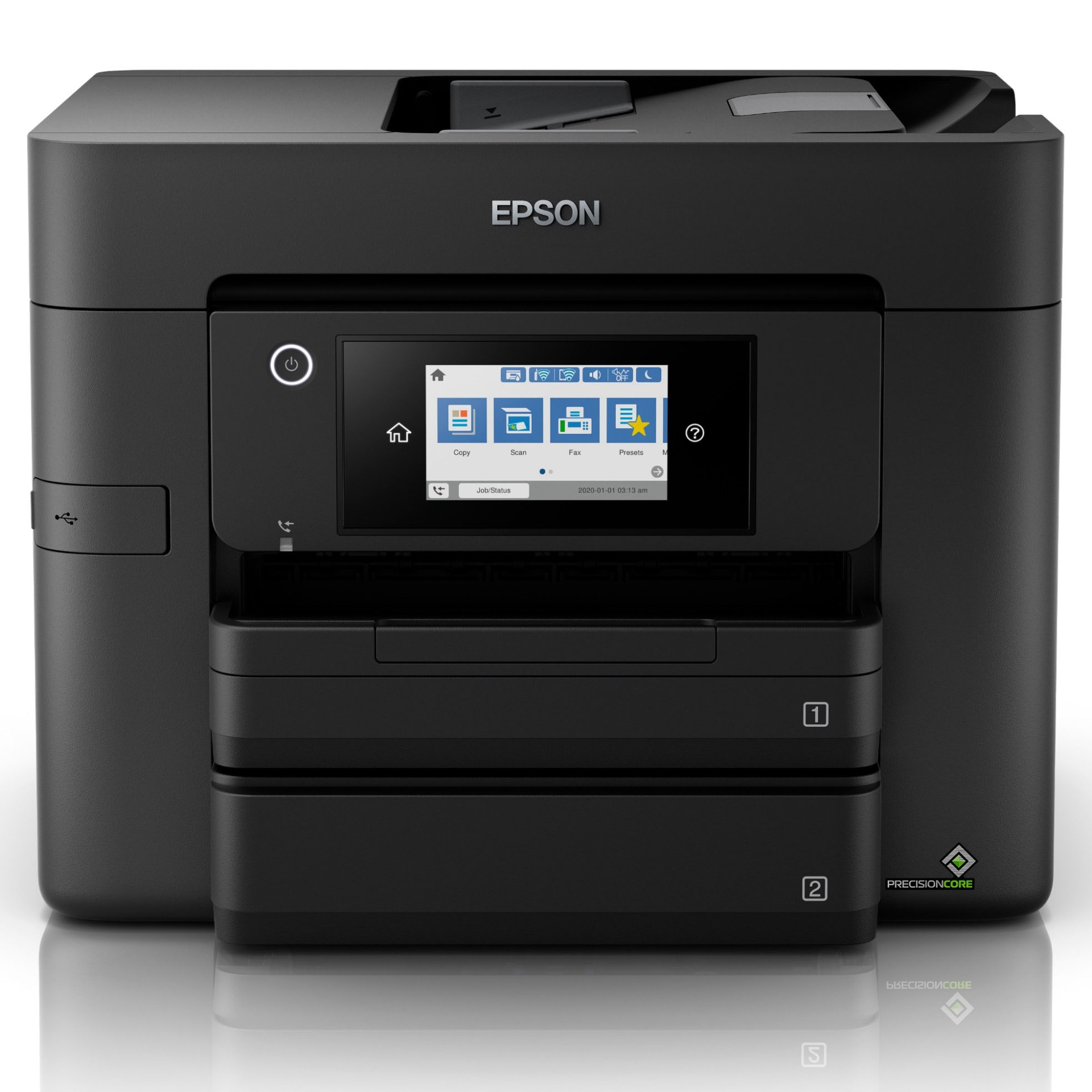 Impressora Epson preta com ecrã digital e botões visíveis