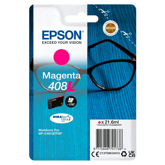 Embalagem de tinta Epson Magenta 408L com imagem de óculos