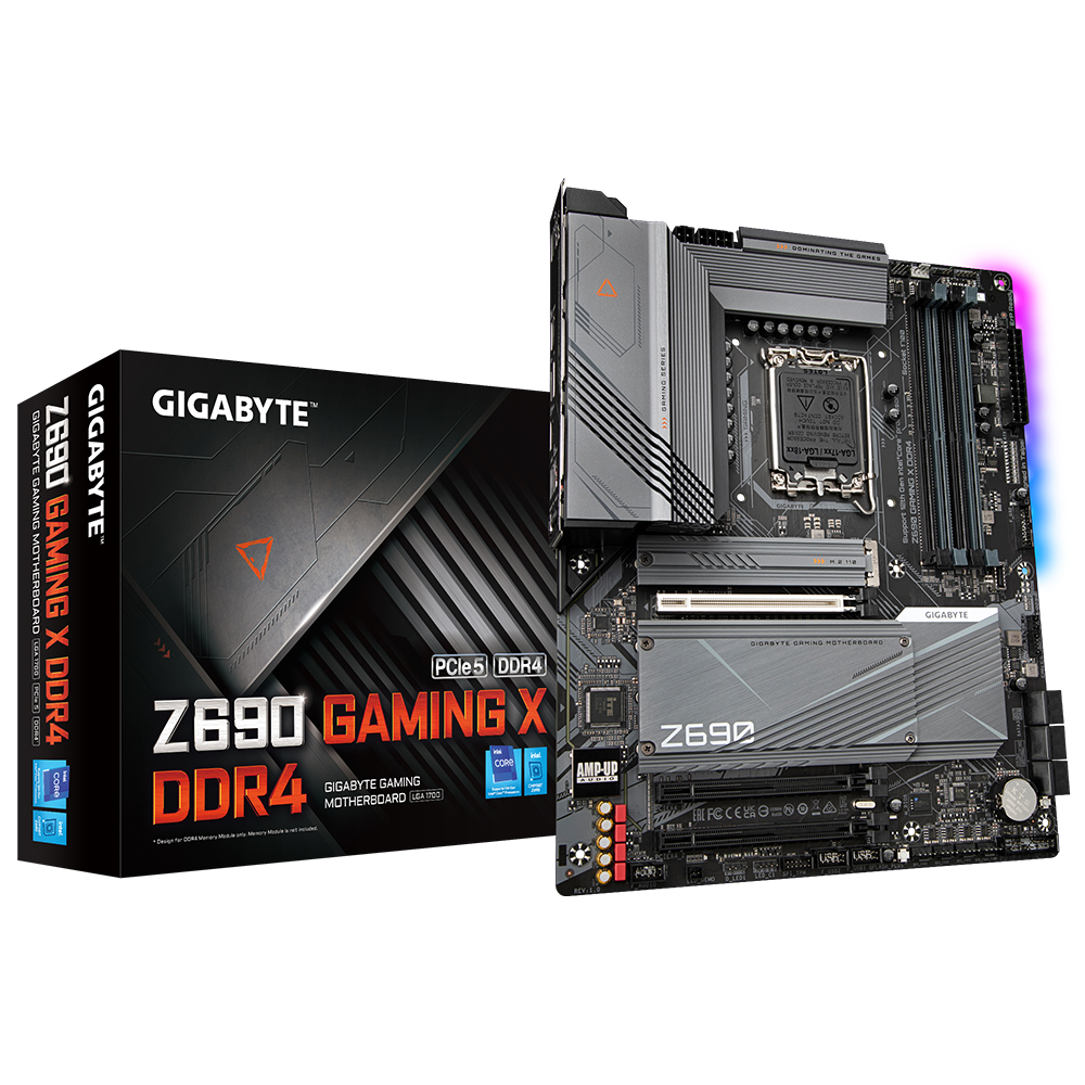 Motherboard GIGABYTE Z690 GAMING X DDR4 com caixa preta e detalhes em cinza