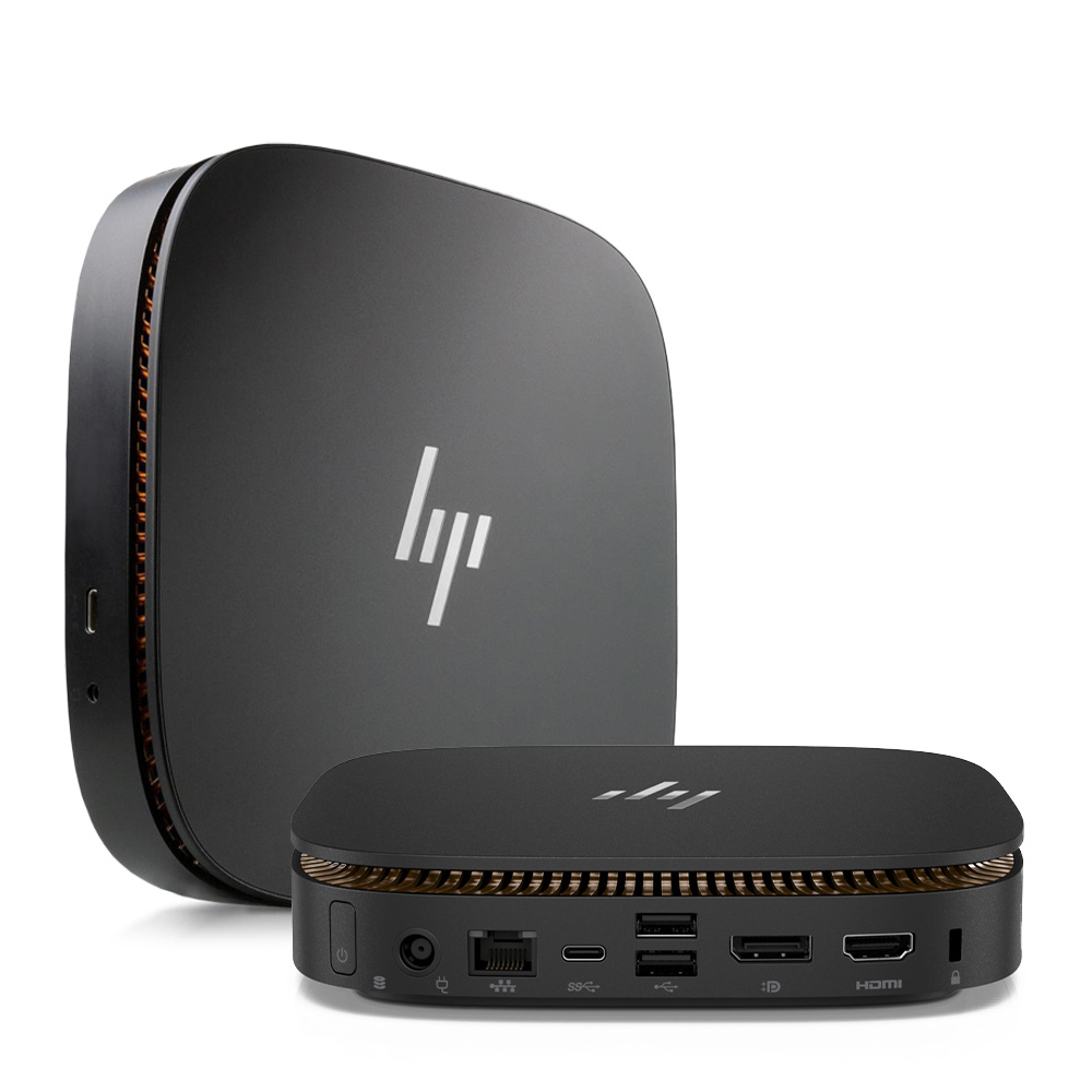 Mini PC preto da HP com várias portas e ventilação laranja