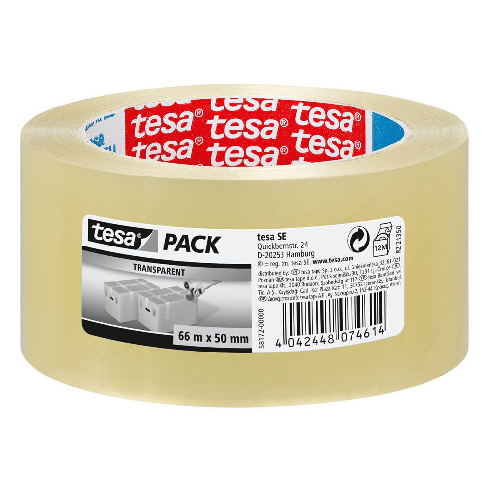 Rolo de fita adesiva transparente tesa com rótulo e código de barras
