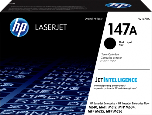 Embalagem de toner HP LaserJet 147A preta com textos e logótipos