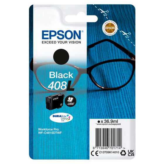 Embalagem de tinteiro Epson preto 408L sobre superfície azul com óculos