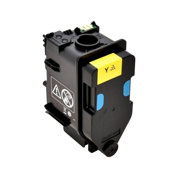 Cartucho de tinta preta para impressora com etiqueta amarela e símbolos de aviso.