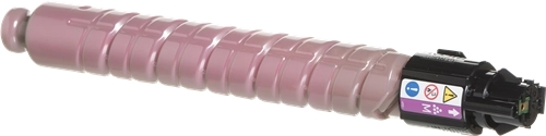 Toner de impressora rosa com tampa preta e etiquetas coloridas