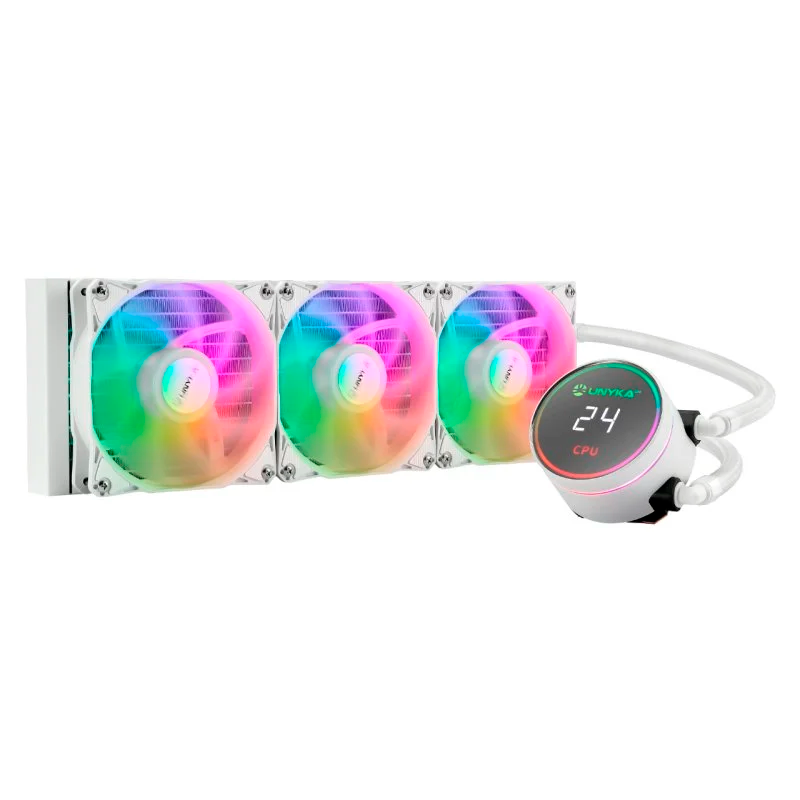 Sistema refrigeração líquida CPU com três ventoinhas RGB coloridas e bomba com visor digital