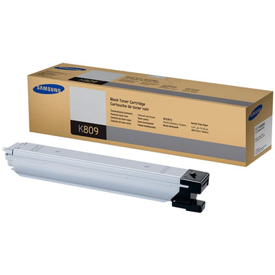 Cartucho de toner preto Samsung K809 com embalagem bege e cinza