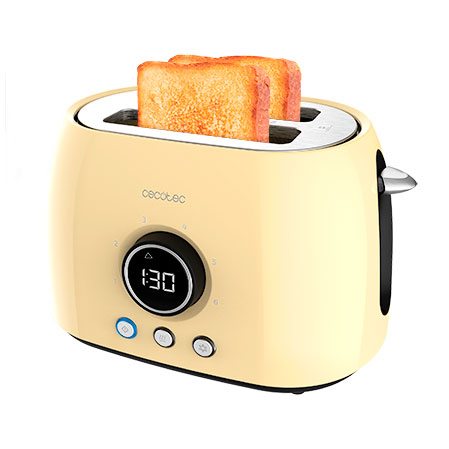 Torradeira amarela com pão torrado e display digital