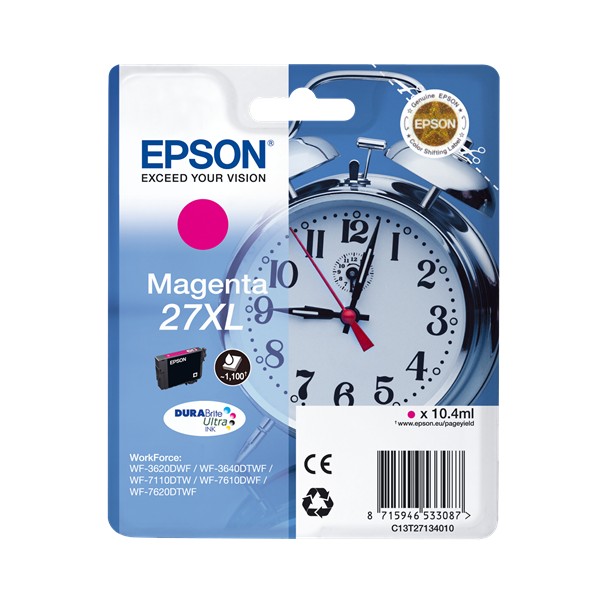 Cartucho de tinta Epson Magenta 27XL para impressoras WorkForce em embalagem azul e branca