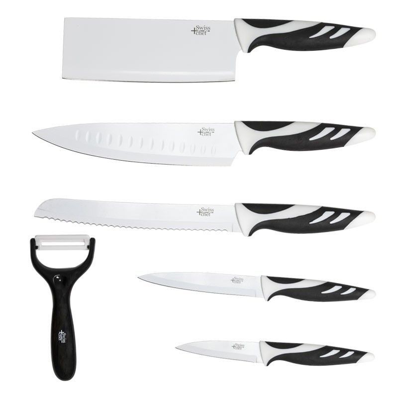 Conjunto de facas e descascador Swiss Chef com lâminas brancas e cabos preto e branco