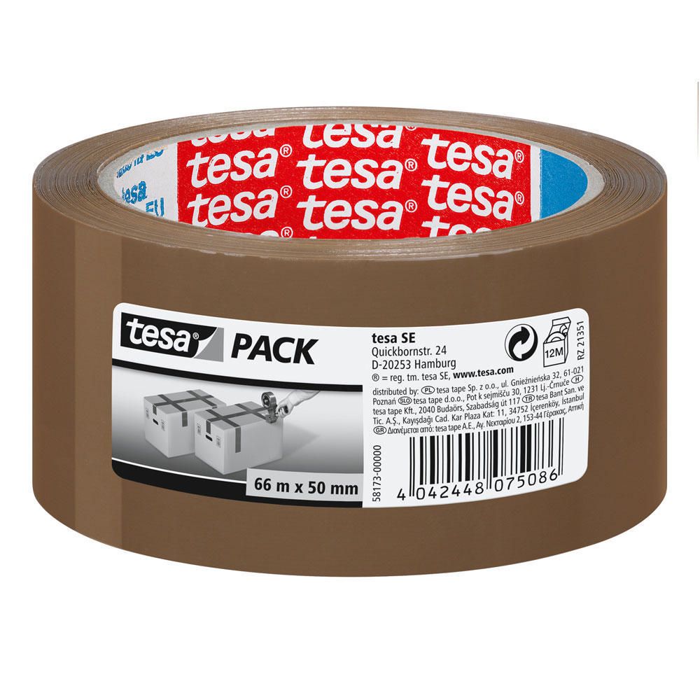 Rolo de fita adesiva castanha para embalagem tesa com etiqueta e código de barras.