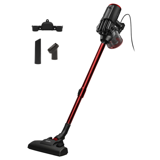aspirador vertical sem fios preto e vermelho com acessórios em fundo transparente