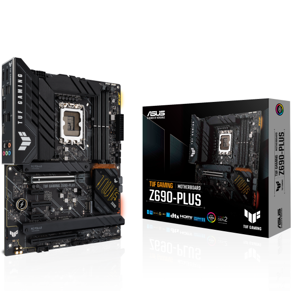 Placa-mãe ASUS TUF Gaming Z690-PLUS preta com embalagem ao lado