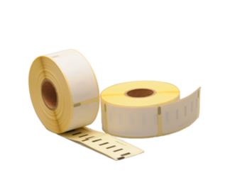 Dois rolos de etiquetas adesivas retangulares brancas com margens amarelas