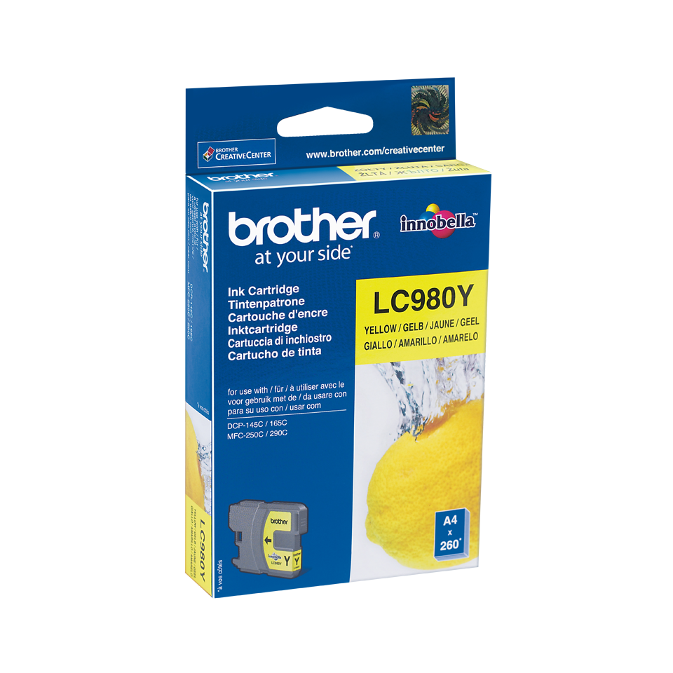 Cartucho de tinta Brother LC980Y amarelo na embalagem azul com limão