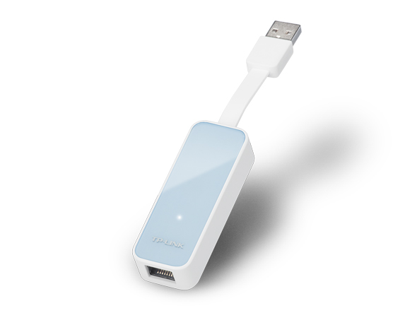Adaptador de rede TP-LINK branco e azul com USB e Ethernet
