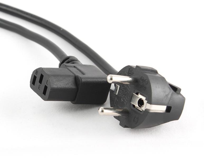 Cabo elétrico preto com ficha macho europeu e ficha fêmea preta sobre fundo branco