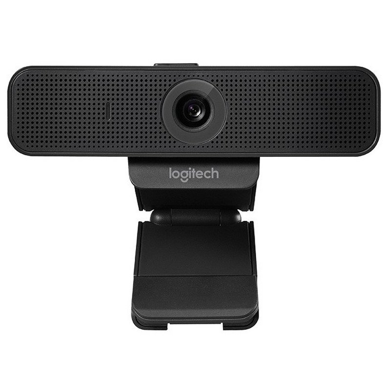 Webcam preta Logitech com suporte ajustável, lente central e superfície perfurada