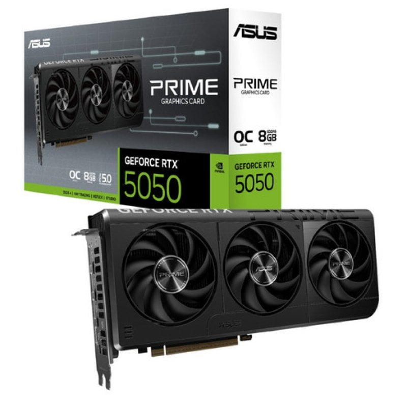 Placa gráfica ASUS PRIME GeForce RTX 5050 com três ventoinhas e embalagem à sua frente