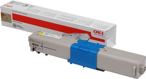 Cartucho de toner OKI cinzento com etiqueta amarela e azul ao lado da embalagem branca e vermelha