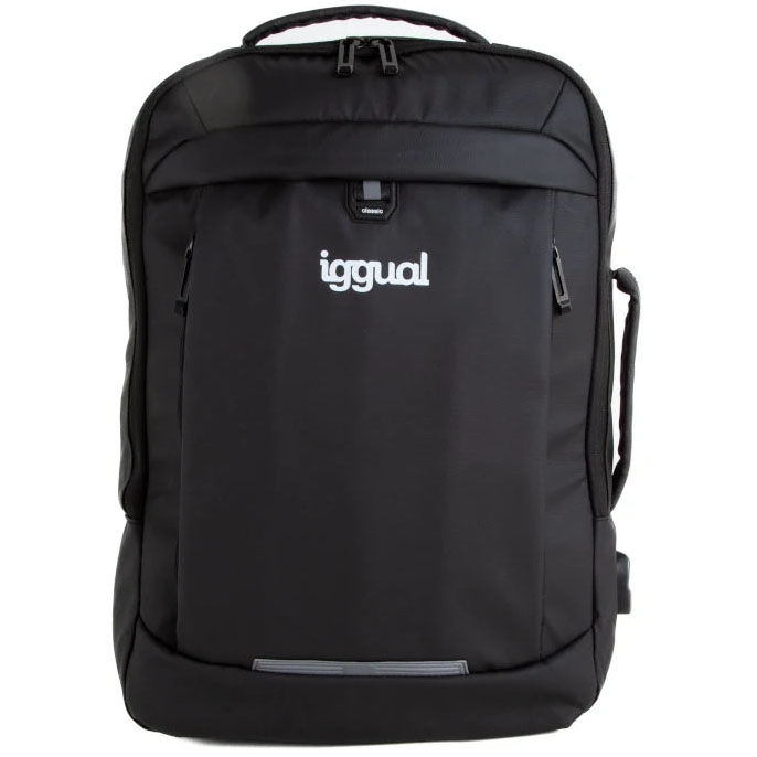 Mochila preta com escrita branca iggual no centro